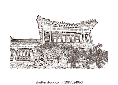 The Forbidden City is a palace complex in central Beijing, China. Hand drawn sketch illustration in vector.