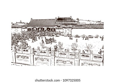The Forbidden City is a palace complex in central Beijing, China. Hand drawn sketch illustration in vector.