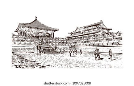 The Forbidden City is a palace complex in central Beijing, China. Hand drawn sketch illustration in vector.