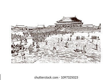 The Forbidden City is a palace complex in central Beijing, China. Hand drawn sketch illustration in vector.