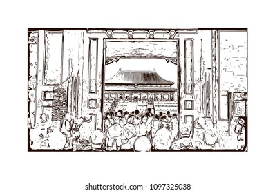 The Forbidden City is a palace complex in central Beijing, China. Hand drawn sketch illustration in vector.