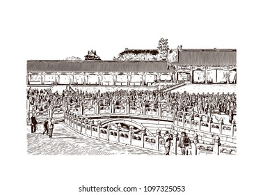 The Forbidden City is a palace complex in central Beijing, China. Hand drawn sketch illustration in vector.