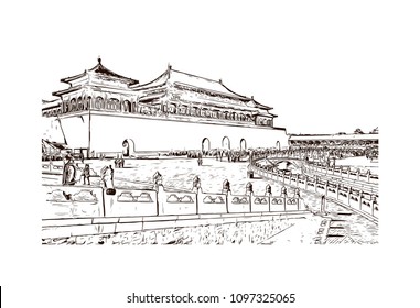The Forbidden City is a palace complex in central Beijing, China. Hand drawn sketch illustration in vector.