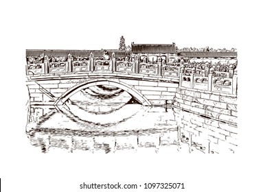 The Forbidden City is a palace complex in central Beijing, China. Hand drawn sketch illustration in vector.