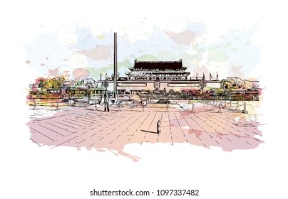 The Forbidden City is a palace complex in central Beijing, China. Watercolor splash with hand drawn sketch illustration in vector. 