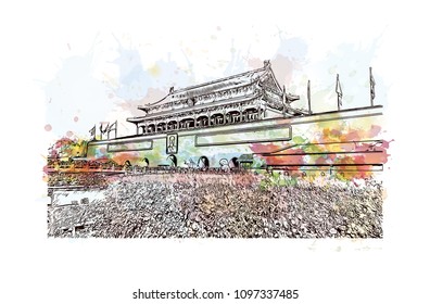 The Forbidden City is a palace complex in central Beijing, China. Watercolor splash with hand drawn sketch illustration in vector. 
