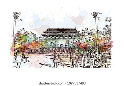 The Forbidden City is a palace complex in central Beijing, China. Watercolor splash with hand drawn sketch illustration in vector. 