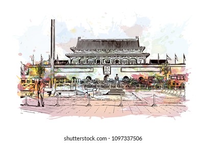 The Forbidden City is a palace complex in central Beijing, China. Watercolor splash with hand drawn sketch illustration in vector. 