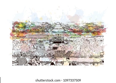 The Forbidden City is a palace complex in central Beijing, China. Watercolor splash with hand drawn sketch illustration in vector. 