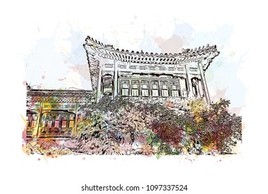 The Forbidden City is a palace complex in central Beijing, China. Watercolor splash with hand drawn sketch illustration in vector. 