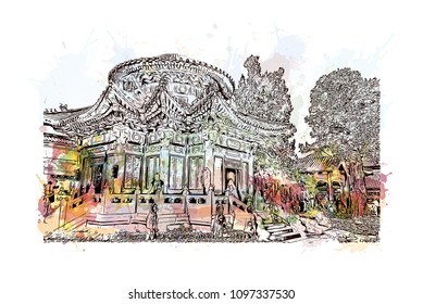 The Forbidden City is a palace complex in central Beijing, China. Watercolor splash with hand drawn sketch illustration in vector. 
