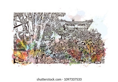 The Forbidden City is a palace complex in central Beijing, China. Watercolor splash with hand drawn sketch illustration in vector. 