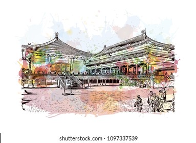 The Forbidden City is a palace complex in central Beijing, China. Watercolor splash with hand drawn sketch illustration in vector. 