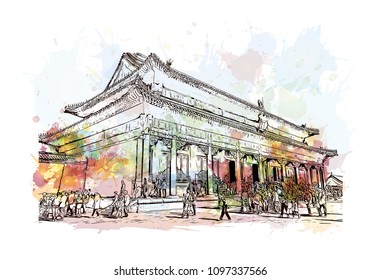 The Forbidden City is a palace complex in central Beijing, China. Watercolor splash with hand drawn sketch illustration in vector. 