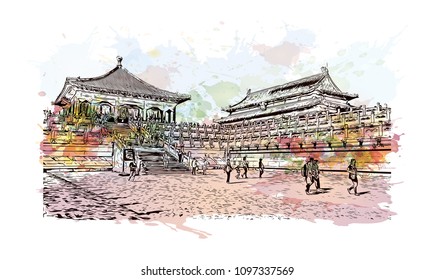 The Forbidden City is a palace complex in central Beijing, China. Watercolor splash with hand drawn sketch illustration in vector. 