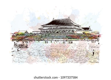 The Forbidden City is a palace complex in central Beijing, China. Watercolor splash with hand drawn sketch illustration in vector. 