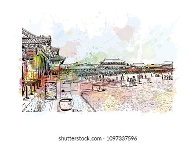 The Forbidden City is a palace complex in central Beijing, China. Watercolor splash with hand drawn sketch illustration in vector. 