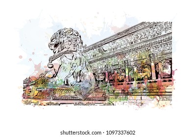 The Forbidden City is a palace complex in central Beijing, China. Watercolor splash with hand drawn sketch illustration in vector. 
