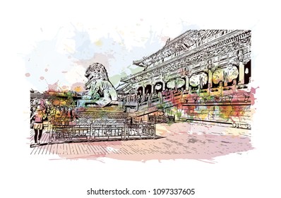 The Forbidden City is a palace complex in central Beijing, China. Watercolor splash with hand drawn sketch illustration in vector. 