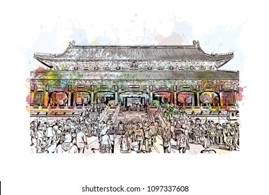 The Forbidden City is a palace complex in central Beijing, China. Watercolor splash with hand drawn sketch illustration in vector. 