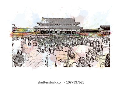 The Forbidden City is a palace complex in central Beijing, China. Watercolor splash with hand drawn sketch illustration in vector. 