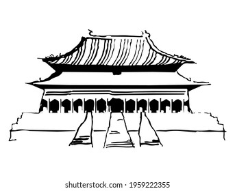 Forbidden City, a palace complex in central Beijing, China, famous tourist sight, symbol and attraction, archeology place, vector, symbol, illustration in black and white color