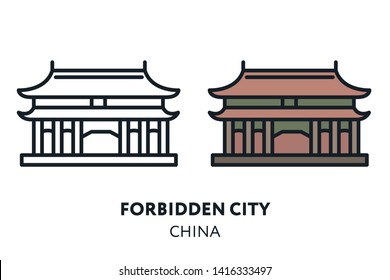 Forbidden City Temple China Beijing Landmark Sight. Vector Flat Line Icon Illustration.