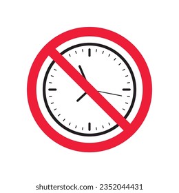 Forbidden clock vector icon. Warning, caution, attention, restriction, label, ban, danger. No alarm clock flat sign design pictogram symbol. No clock icon