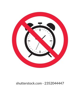 Forbidden clock vector icon. Warning, caution, attention, restriction, label, ban, danger. No alarm clock flat sign design pictogram symbol. No clock icon