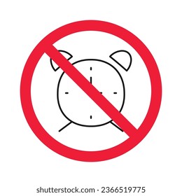 Forbidden clock vector icon. Warning, caution, attention, restriction, label, ban, danger. No alarm clock flat sign design pictogram symbol. No clock icon