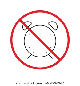 Forbidden clock vector icon. Warning, caution, attention, restriction, label, ban, danger. No alarm clock flat sign design pictogram symbol. No clock icon