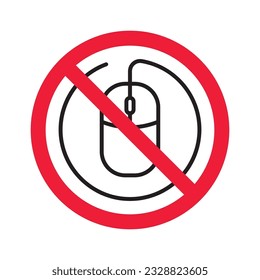 Forbidden computer mouse icon. No mouse device vector icon. Do not use computer cursor pictogram. Prohibited computer mouse icon. Warning, danger, caution, attention, restriction label ban danger