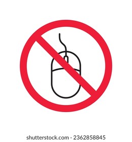 Forbidden computer mouse icon. No mouse device vector icon. No computer cursor pictogram. Prohibited computer mouse vector icon. Warning, danger, caution, attention, restriction. 