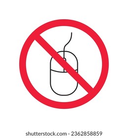 Forbidden computer mouse icon. No mouse device vector icon. No computer cursor pictogram. Prohibited computer mouse vector icon. Warning, danger, caution, attention, restriction. 