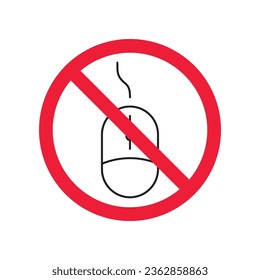 Forbidden computer mouse icon. No mouse device vector icon. No computer cursor pictogram. Prohibited computer mouse vector icon. Warning, danger, caution, attention, restriction. 