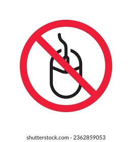 Forbidden computer mouse icon. No mouse device vector icon. No computer cursor pictogram. Prohibited computer mouse vector icon. Warning, danger, caution, attention, restriction. 