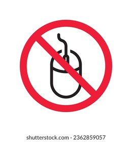 Forbidden computer mouse icon. No mouse device vector icon. No computer cursor pictogram. Prohibited computer mouse vector icon. Warning, danger, caution, attention, restriction. 