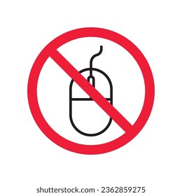 Forbidden computer mouse icon. No mouse device vector icon. No computer cursor pictogram. Prohibited computer mouse vector icon. Warning, danger, caution, attention, restriction. 