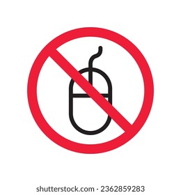 Forbidden computer mouse icon. No mouse device vector icon. No computer cursor pictogram. Prohibited computer mouse vector icon. Warning, danger, caution, attention, restriction. 