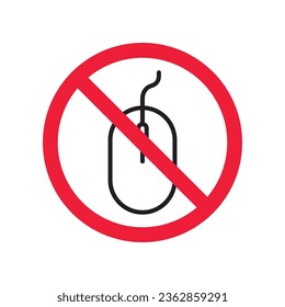 Forbidden computer mouse icon. No mouse device vector icon. No computer cursor pictogram. Prohibited computer mouse vector icon. Warning, danger, caution, attention, restriction. 