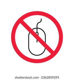 Forbidden computer mouse icon. No mouse device vector icon. No computer cursor pictogram. Prohibited computer mouse vector icon. Warning, danger, caution, attention, restriction. 