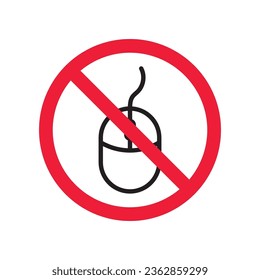 Forbidden computer mouse icon. No mouse device vector icon. No computer cursor pictogram. Prohibited computer mouse vector icon. Warning, danger, caution, attention, restriction. 