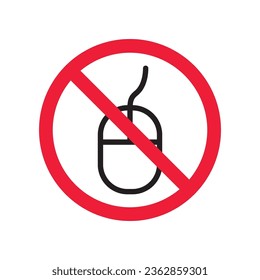 Forbidden computer mouse icon. No mouse device vector icon. No computer cursor pictogram. Prohibited computer mouse vector icon. Warning, danger, caution, attention, restriction. 