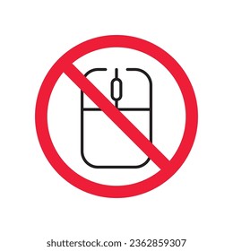 Forbidden computer mouse icon. No mouse device vector icon. No computer cursor pictogram. Prohibited computer mouse vector icon. Warning, danger, caution, attention, restriction. 