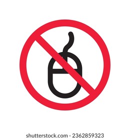 Forbidden computer mouse icon. No mouse device vector icon. No computer cursor pictogram. Prohibited computer mouse vector icon. Warning, danger, caution, attention, restriction. 