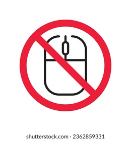 Forbidden computer mouse icon. No mouse device vector icon. No computer cursor pictogram. Prohibited computer mouse vector icon. Warning, danger, caution, attention, restriction. 