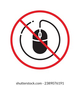 Forbidden computer mouse icon. No mouse device vector icon. No computer cursor pictogram. Prohibited computer mouse vector icon. Warning, danger, caution, attention, restriction. UX UI