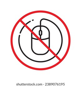 Forbidden computer mouse icon. No mouse device vector icon. No computer cursor pictogram. Prohibited computer mouse vector icon. Warning, danger, caution, attention, restriction. UX UI