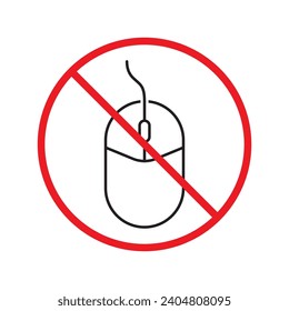 Forbidden computer mouse icon. No mouse device vector icon. No computer cursor pictogram. Prohibited computer mouse vector icon. Warning, danger, caution, attention, restriction. 