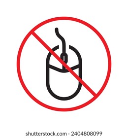 Forbidden computer mouse icon. No mouse device vector icon. No computer cursor pictogram. Prohibited computer mouse vector icon. Warning, danger, caution, attention, restriction. 